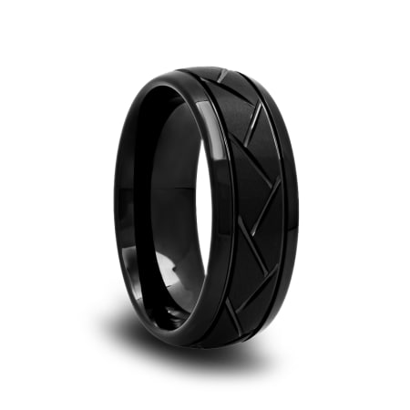 Domed Black Tungsten Wedding Band with Satin Center and Tire Grooves