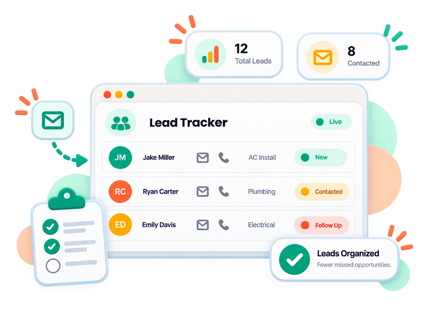 Organized lead dashboard showing lead status, follow-up activity, and next steps