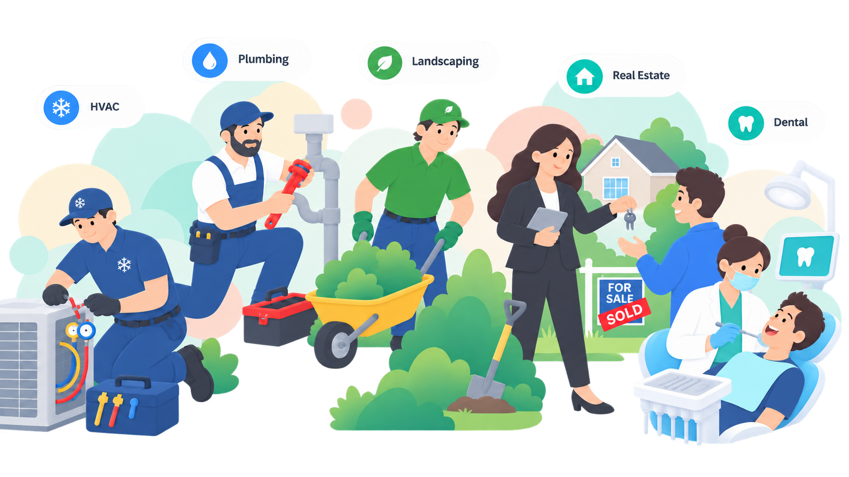 HVAC, plumbing, landscaping, real estate, and dental service professionals