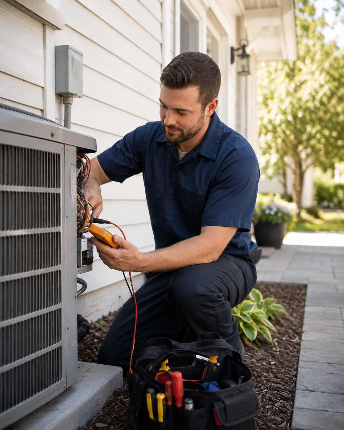 HVAC technician servicing an outdoor air conditioning system