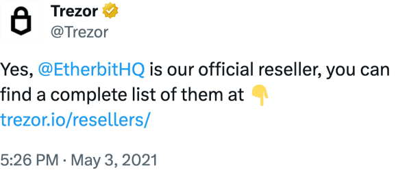 Trezor (@Trezor) reviews Etherbit.in