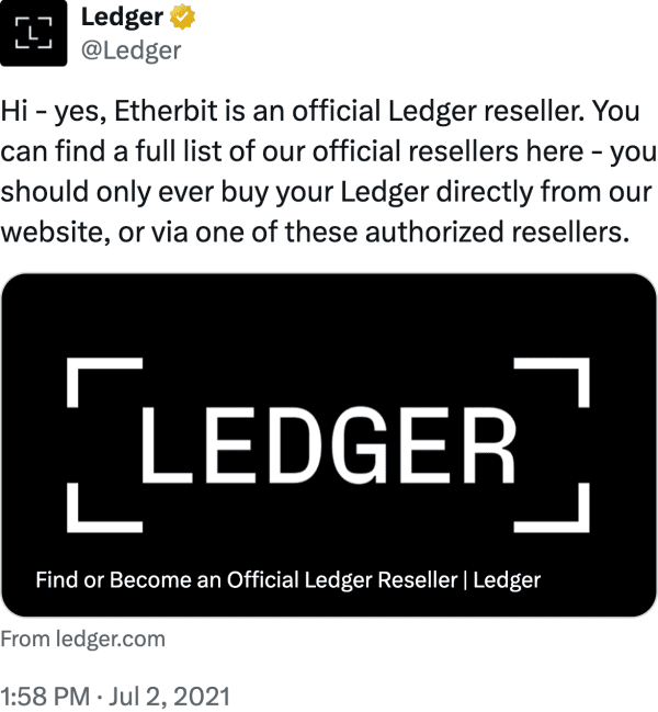 Ledger (@Ledger) reviews Etherbit.in