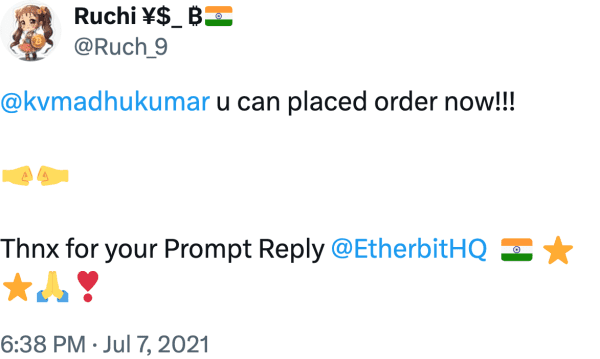 Ruchi ¥$_ ₿ (@Ruch_9) reviews Etherbit.in