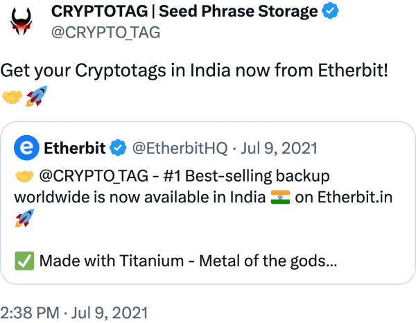 CRYPTOTAG | Seed Phrase Storage (@CRYPTO_TAG) reviews Etherbit.in