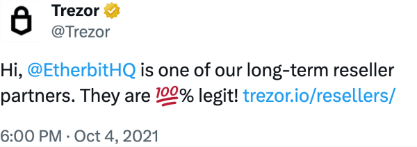 Trezor (@Trezor) reviews Etherbit.in
