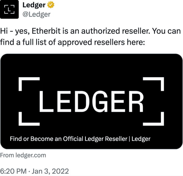 Ledger (@Ledger) reviews Etherbit.in