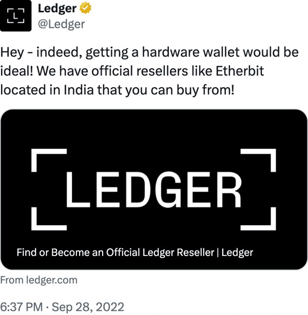 Ledger (@Ledger) reviews Etherbit.in