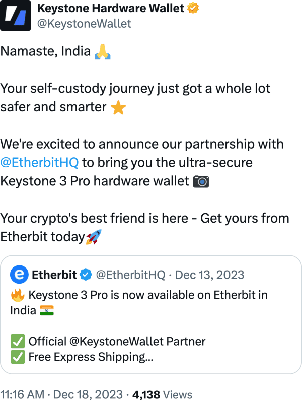 Keystone Hardware Wallet (@KeystoneWallet) reviews Etherbit.in