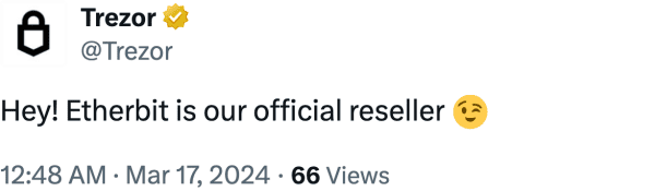 Trezor (@Trezor) reviews Etherbit.in
