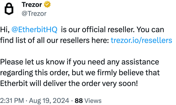 Trezor (@Trezor) reviews Etherbit.in