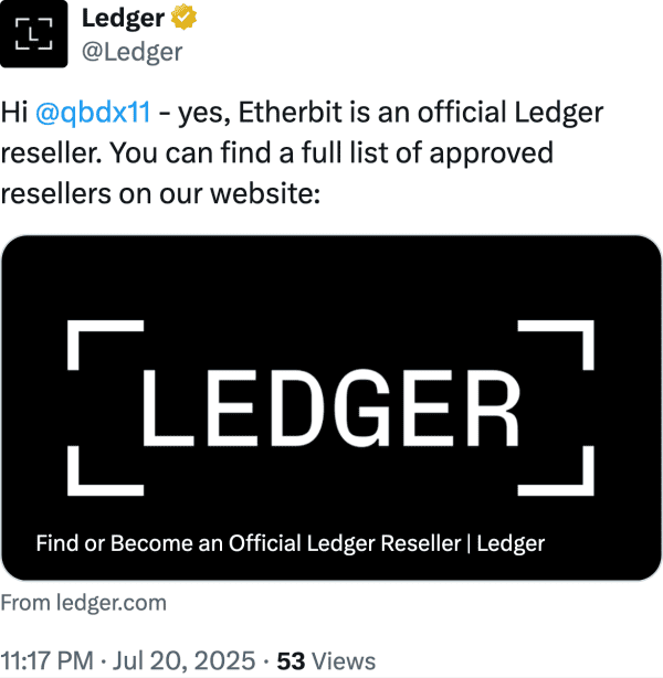 Ledger (@Ledger) reviews Etherbit.in