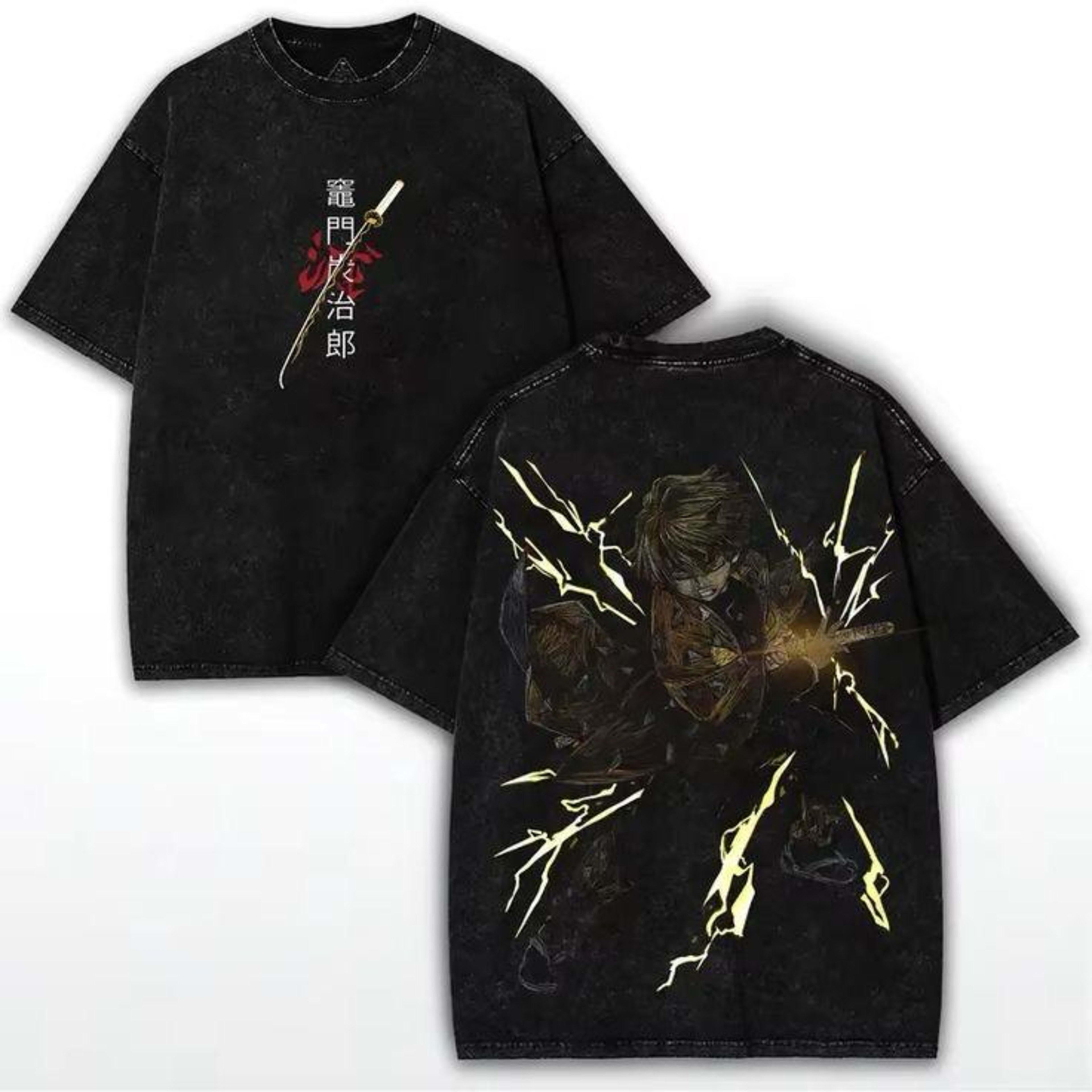 Premium Acid Wash Drop Shoulder T-Shirt - Demon Slayer Anime Print | Prenaxo