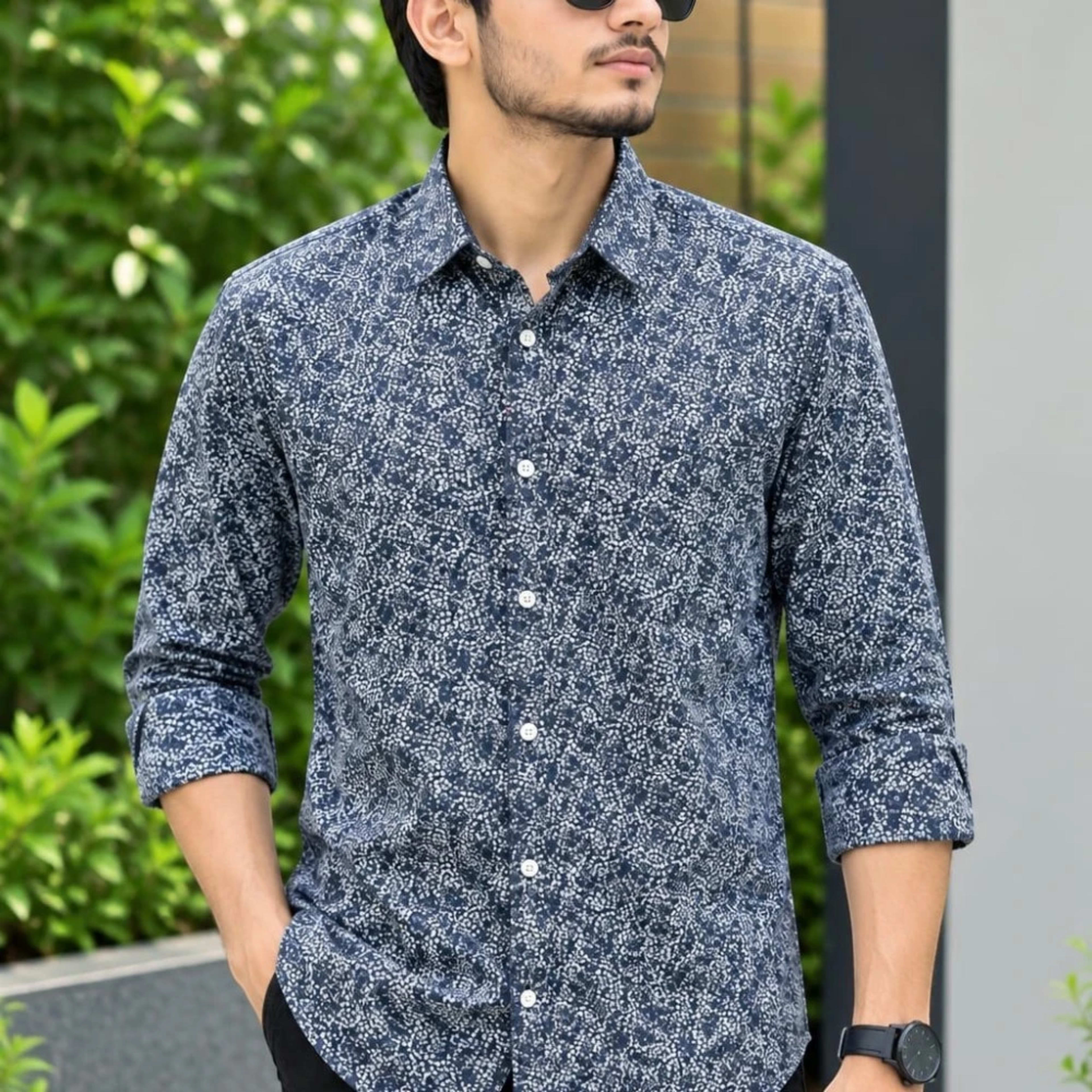 Premium Dark Floral Printed Cotton Full Sleeve Shirt for Men - Prenaxo