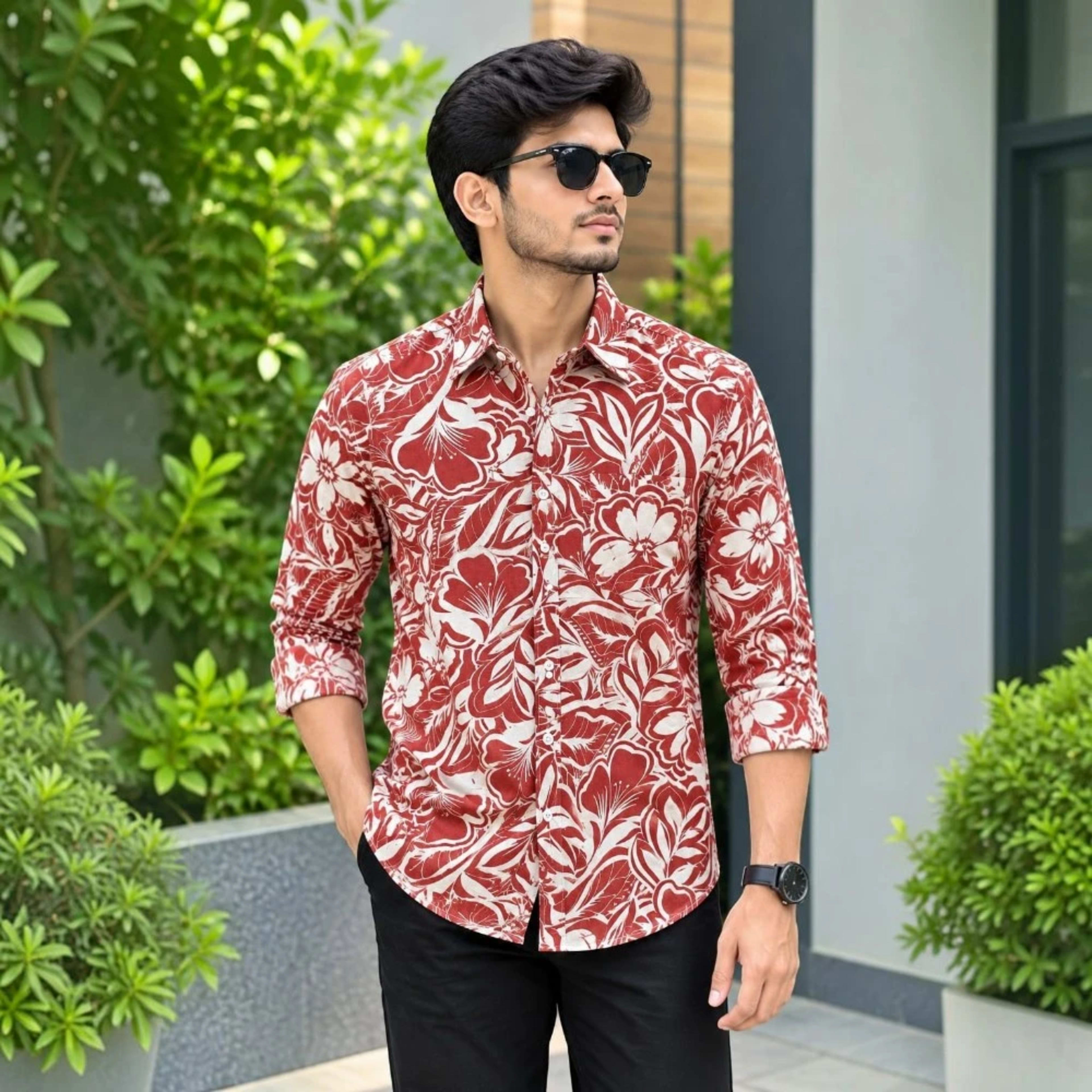 Maroon Floral Printed Cotton Full Sleeve Shirt for Men