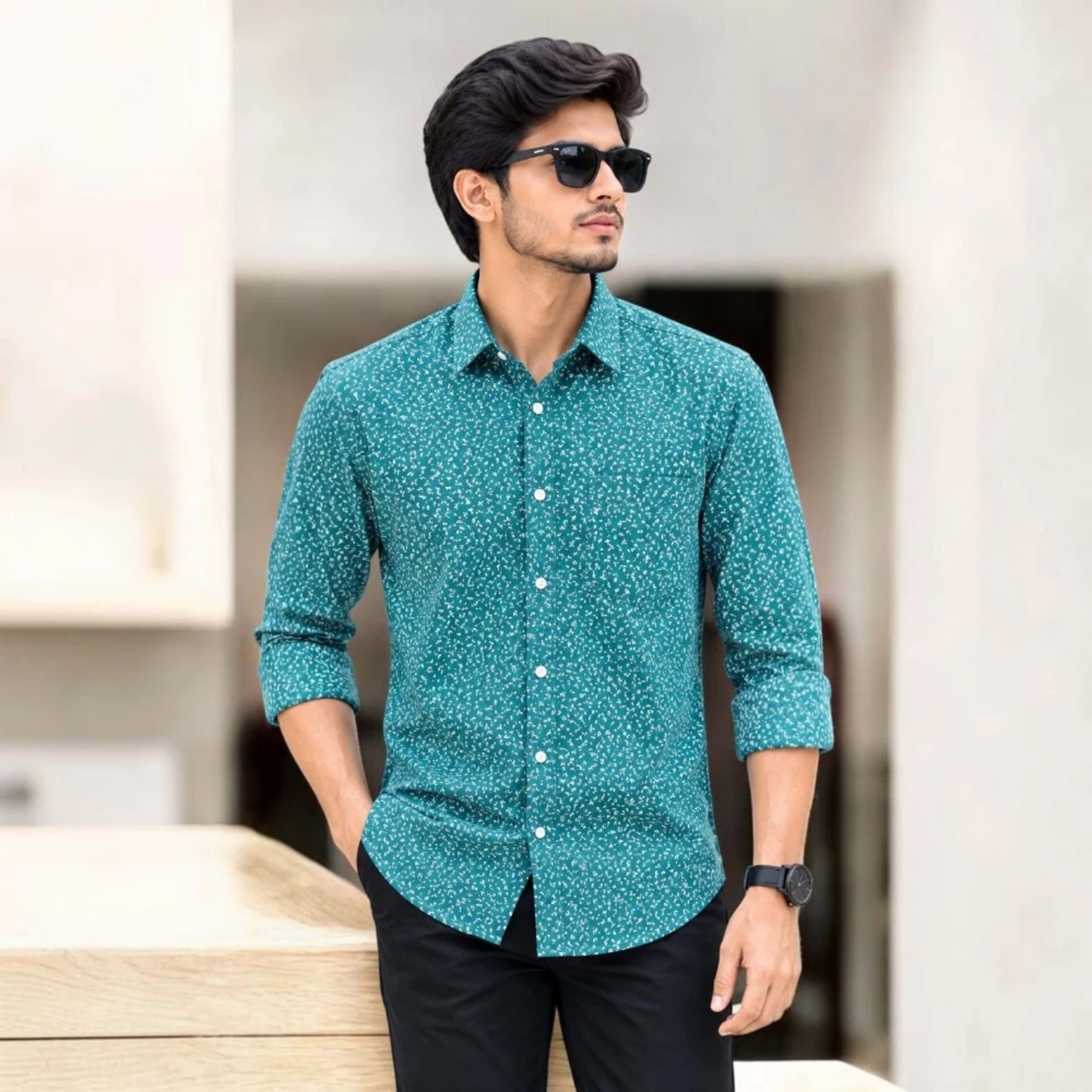 Sea Green Printed Cotton Full Sleeve Shirt for Men