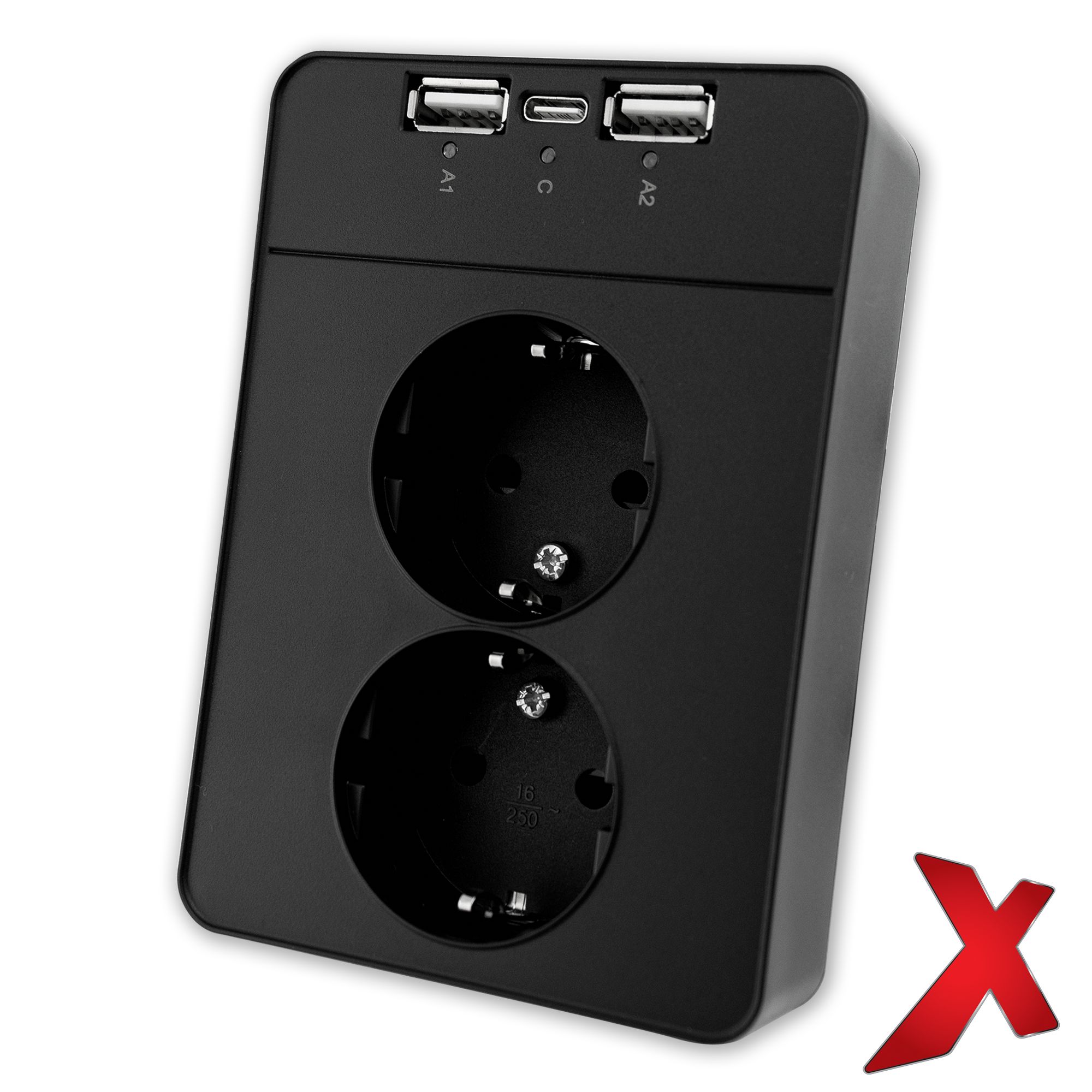 Etman Dobbel Stikk m/3xUSB, Sort, 18W, 2xUSB-A, 1xUSB-C – DesignX, Ladestrøm 18W, USB A og USB C