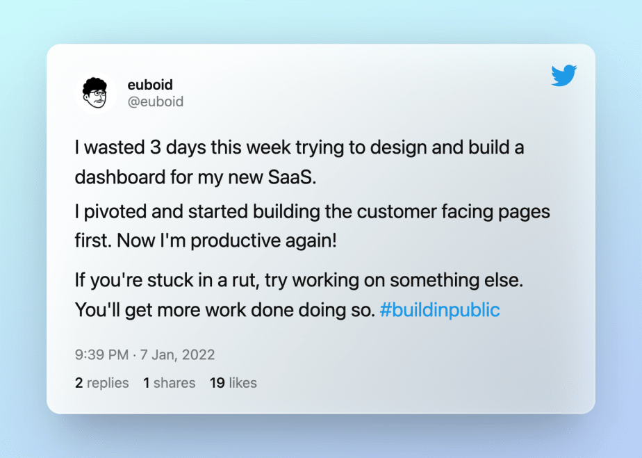 Tweet about mistake building in public