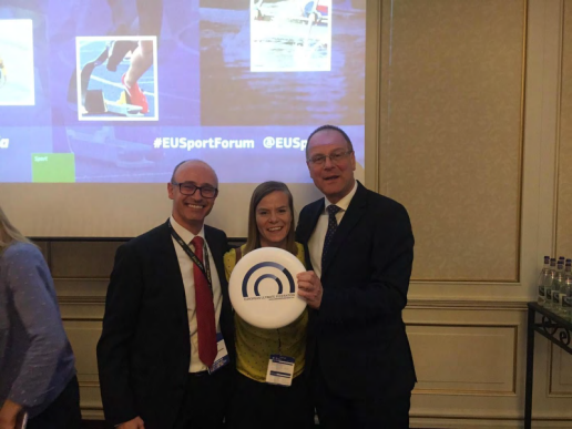 EU Sport Forum 2019 - Mr. Andrea Furlan (EUF President), Mrs. Heidi Pekkola (EUF Gender Equity Chair), Mr. Tibor Navracsics (European Commissioner for Sport