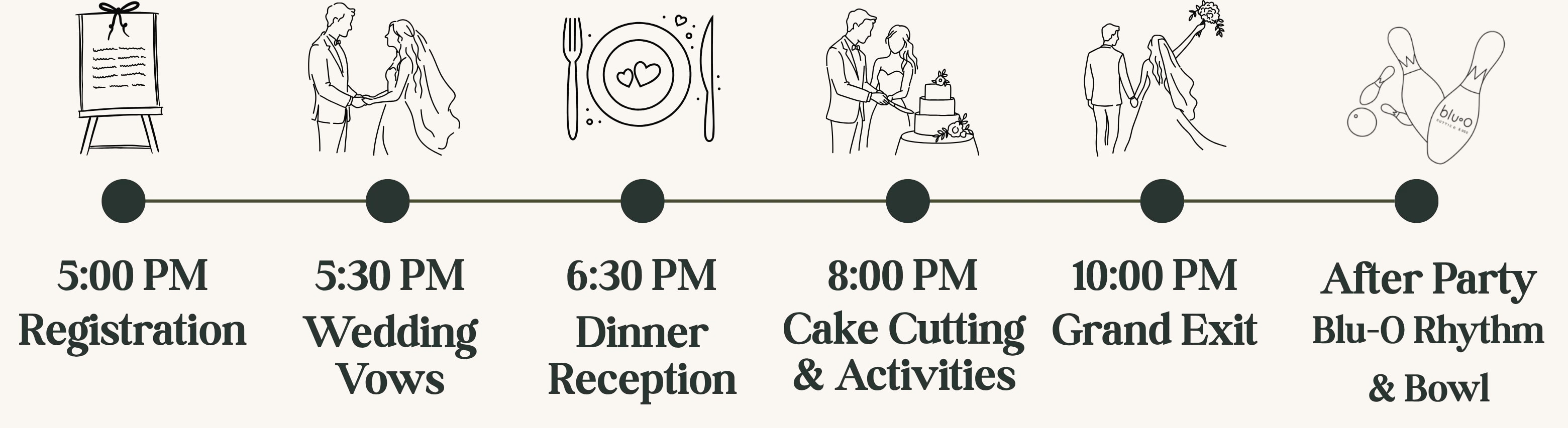 Wedding Timeline: 5:00 PM Registration, 5:30 PM Wedding Vows, 6:30 PM Dinner Reception, 8:00 PM Cake Cutting & Activities, 10:00 PM Grand Exit