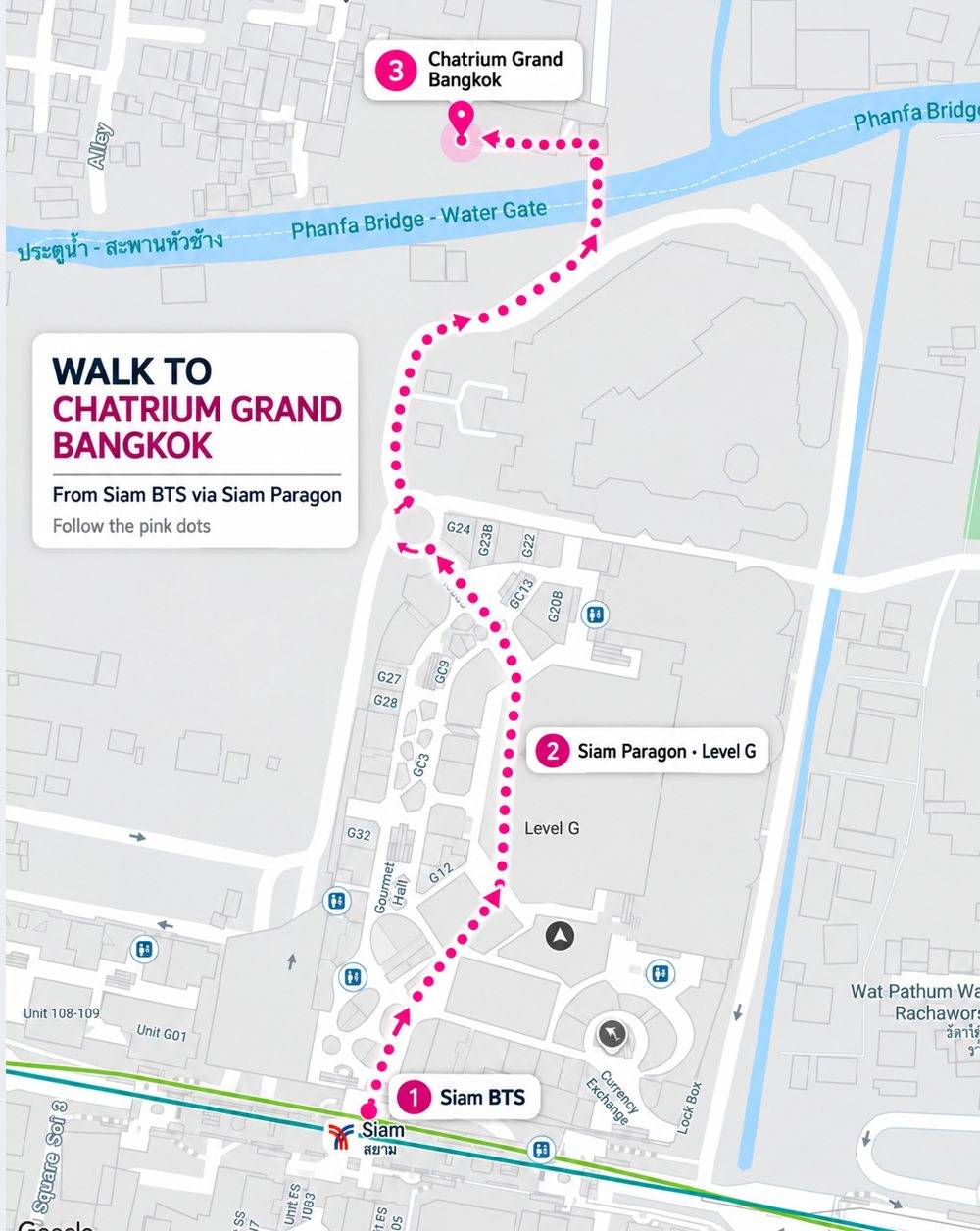 Dotted walking route from Siam BTS through Siam Paragon to Chatrium Grand Bangkok