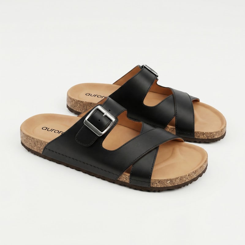 Aurora Men’s Black Suede Leather Cork Sandals – Adjustable Buckle Comfort Footbed — image 1