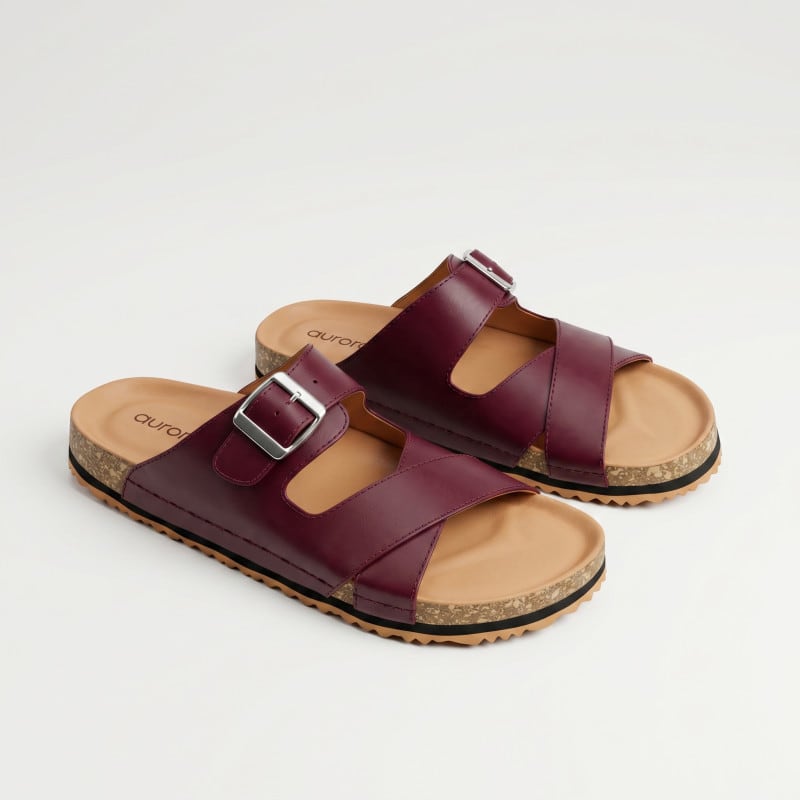 Aurora Men’s Suede Cork Sandals Maroon – Adjustable Double Buckle Comfort Footbed — image 1