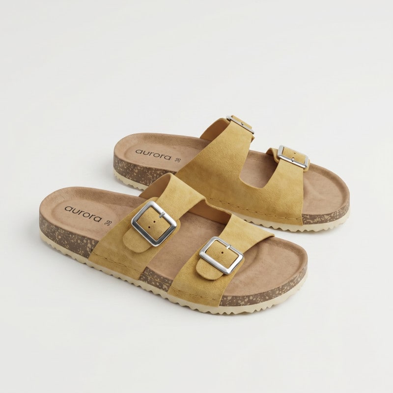 Aurora Men’s Suede Cork Sandals Yellow – Adjustable Double Buckle Comfort Footbed — image 1