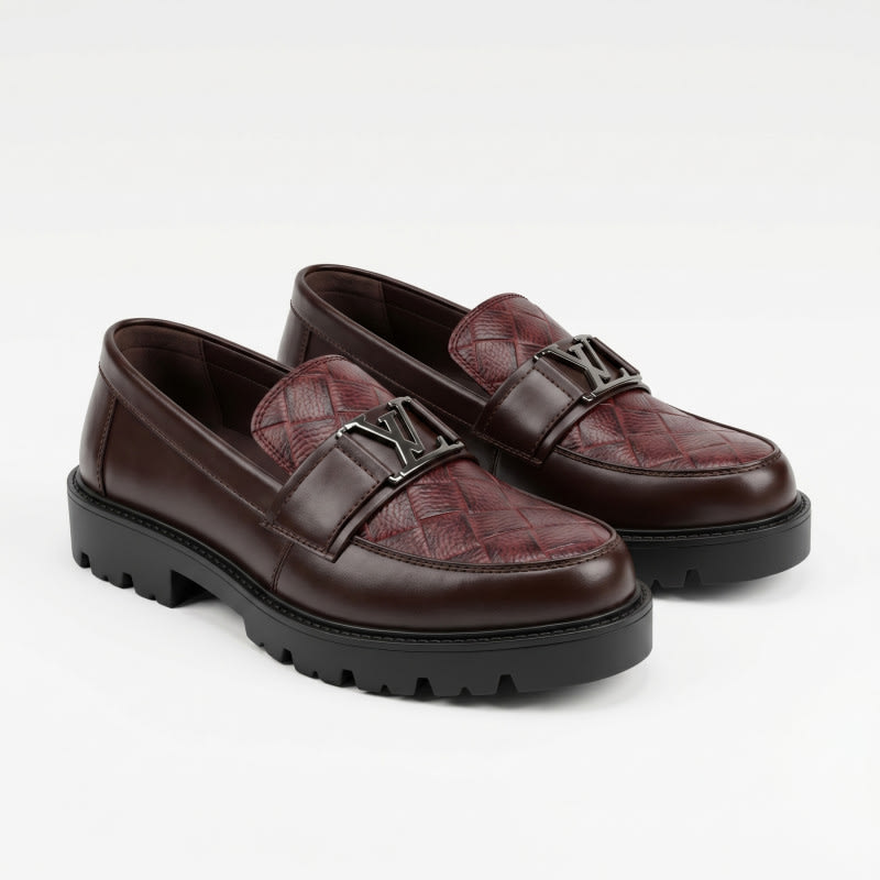 Aurora Men’s Premium Textured Leather Loafers Maroon – Luxury Chunky Sole Shoes — image 1