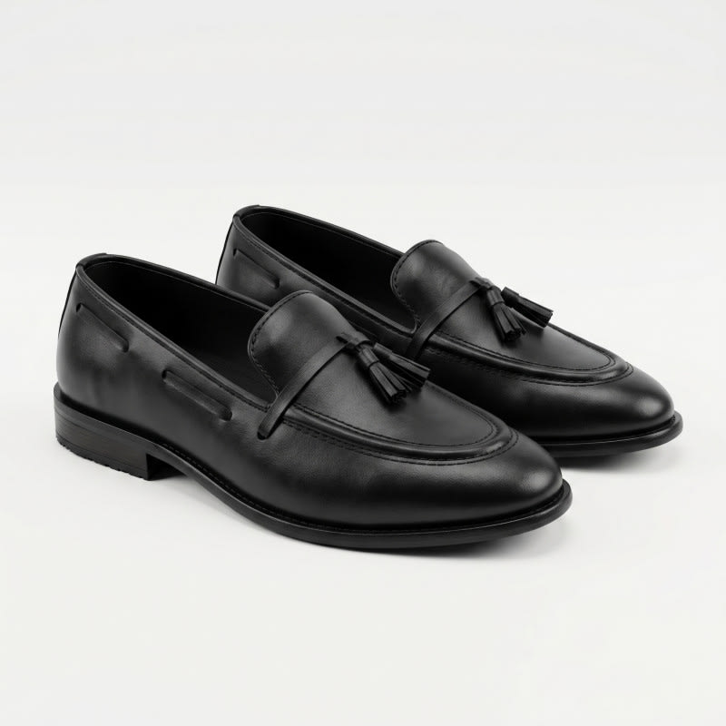 Aurora Men's Premium Cow Leather Tassel Loafer – Black Stitched Formal Shoe — image 1