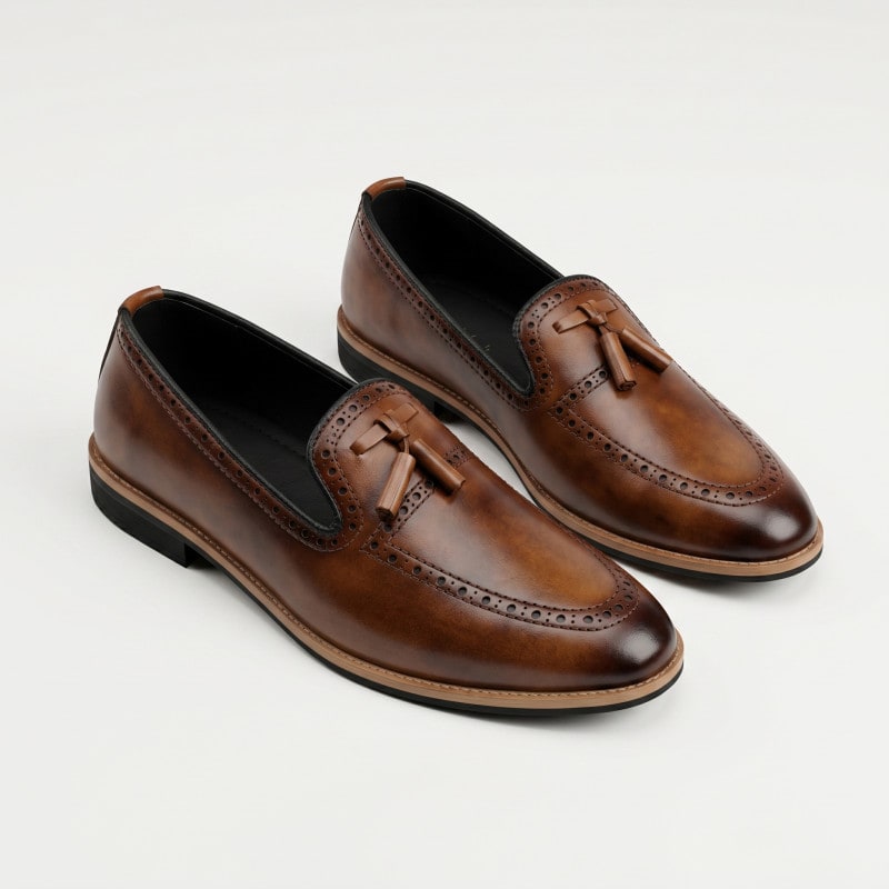 Aurora Men's Handcrafted Cow Leather Tassel Loafer – Brown Patina Formal Shoe — image 1