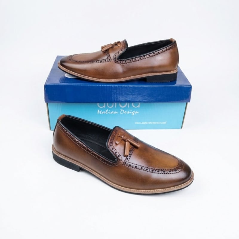 Aurora Men’s Tan Leather Tassel Loafers – Italian Design Formal Slip-On Shoes — image 1