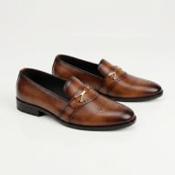 Aurora Men's Handcrafted Cow Leather Buckle Loafer – Brown Patina Formal Shoe — image 1