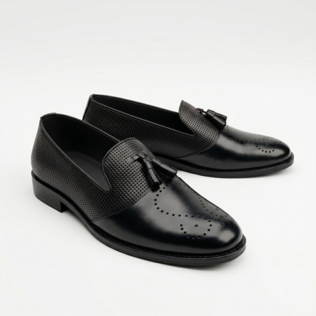 Aurora Men's Genuine Cow Leather Tassel Loafer – Black Formal Brogue Shoe