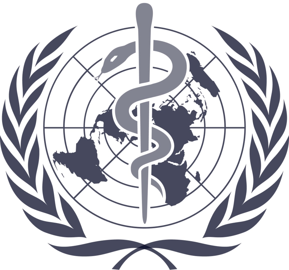 WHO logo featuring Rod of Asclepius over world map globe, encircled by olive branches