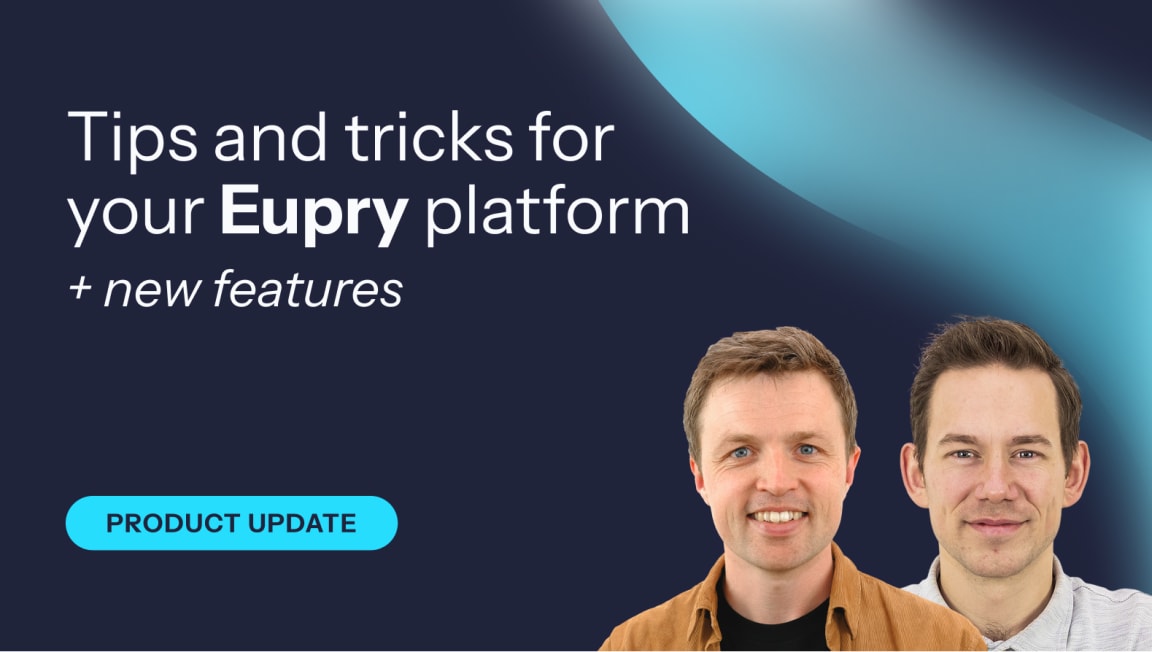 Product update banner featuring two smiling men and text: Tips and tricks for your Eupry platform + new features