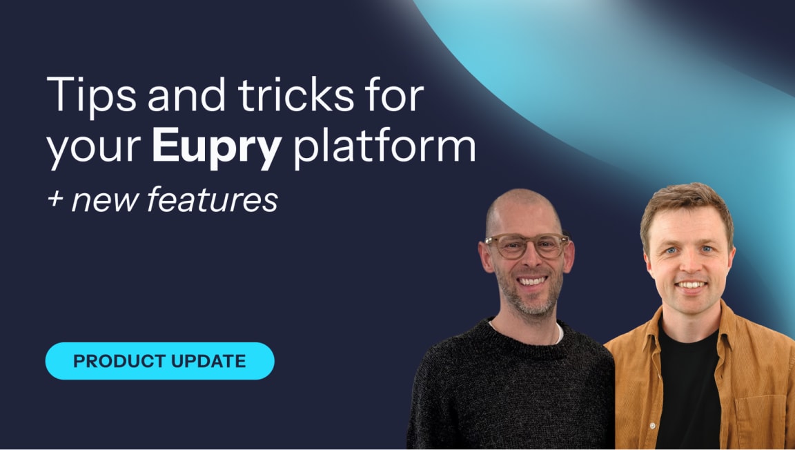 Product update thumbnail showing two smiling men on dark blue background with text Tips and tricks for your Eupry platform plus new features