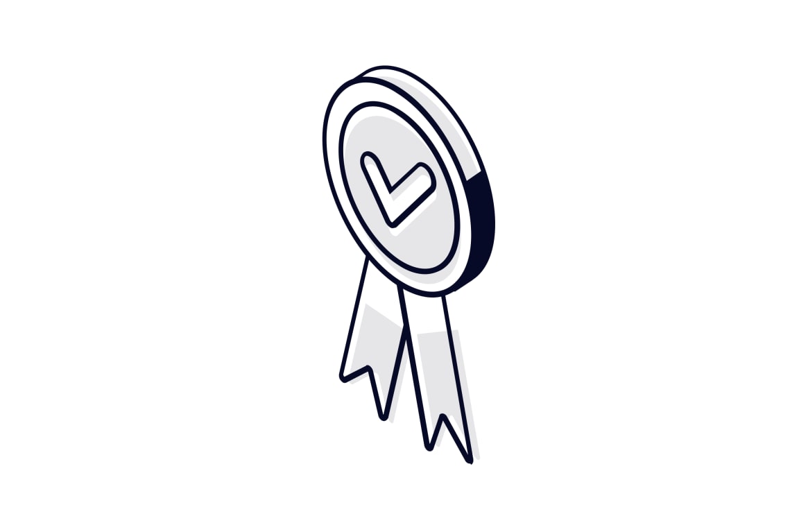 Isometric award medal with checkmark and ribbons symbolizing compliance certification