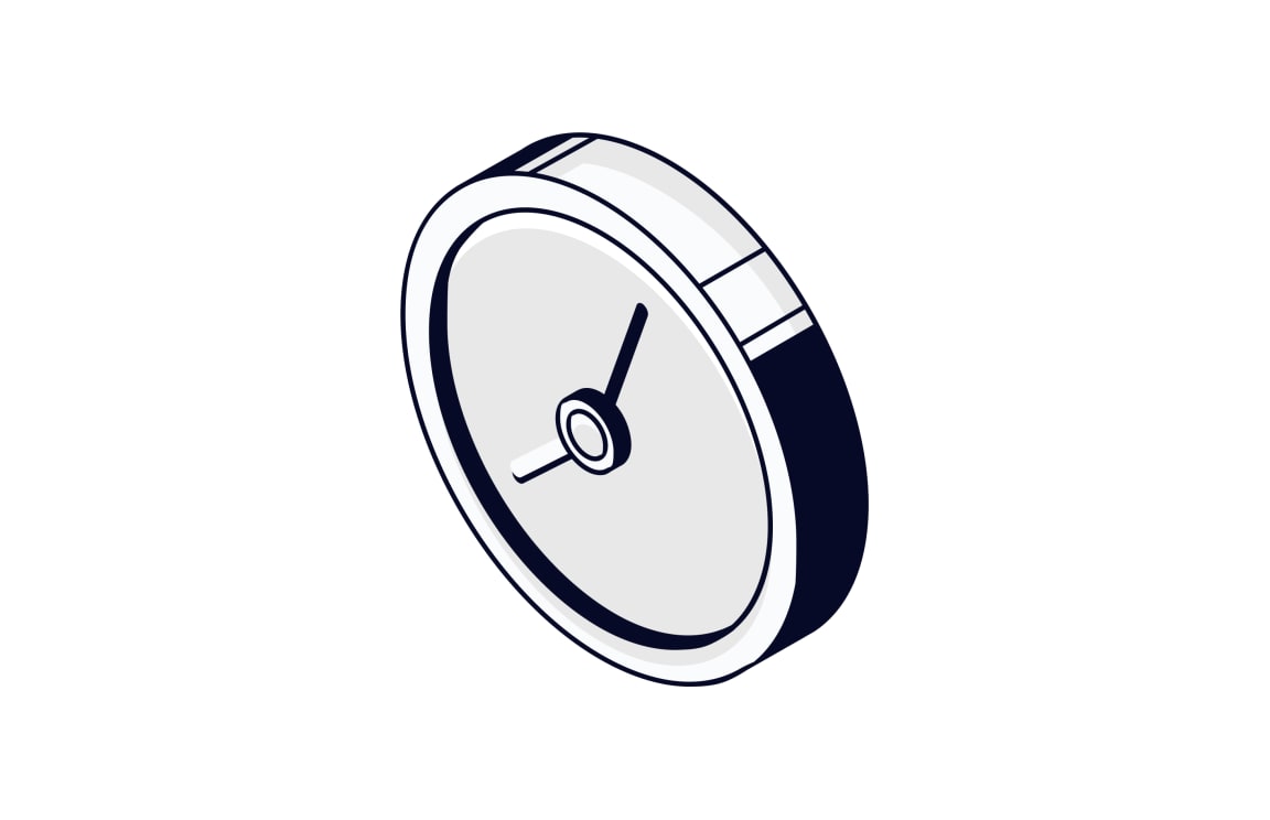 Isometric illustration of a round clock with minimalist hands, shown in navy blue and light gray tones