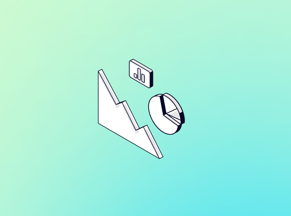 Isometric illustration of a line chart, pie chart, and bar chart icon on a teal gradient background