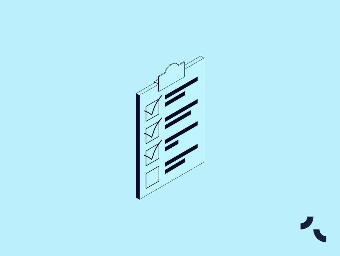 Isometric illustration of a clipboard with a checklist, showing four checked boxes and one unchecked box with text lines