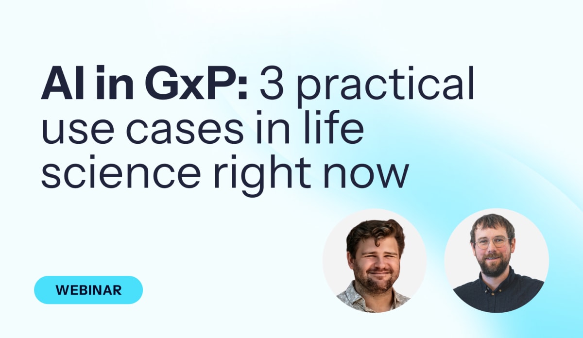 Webinar promotional banner: AI in GxP: 3 practical use cases in life science right now, featuring two male speakers