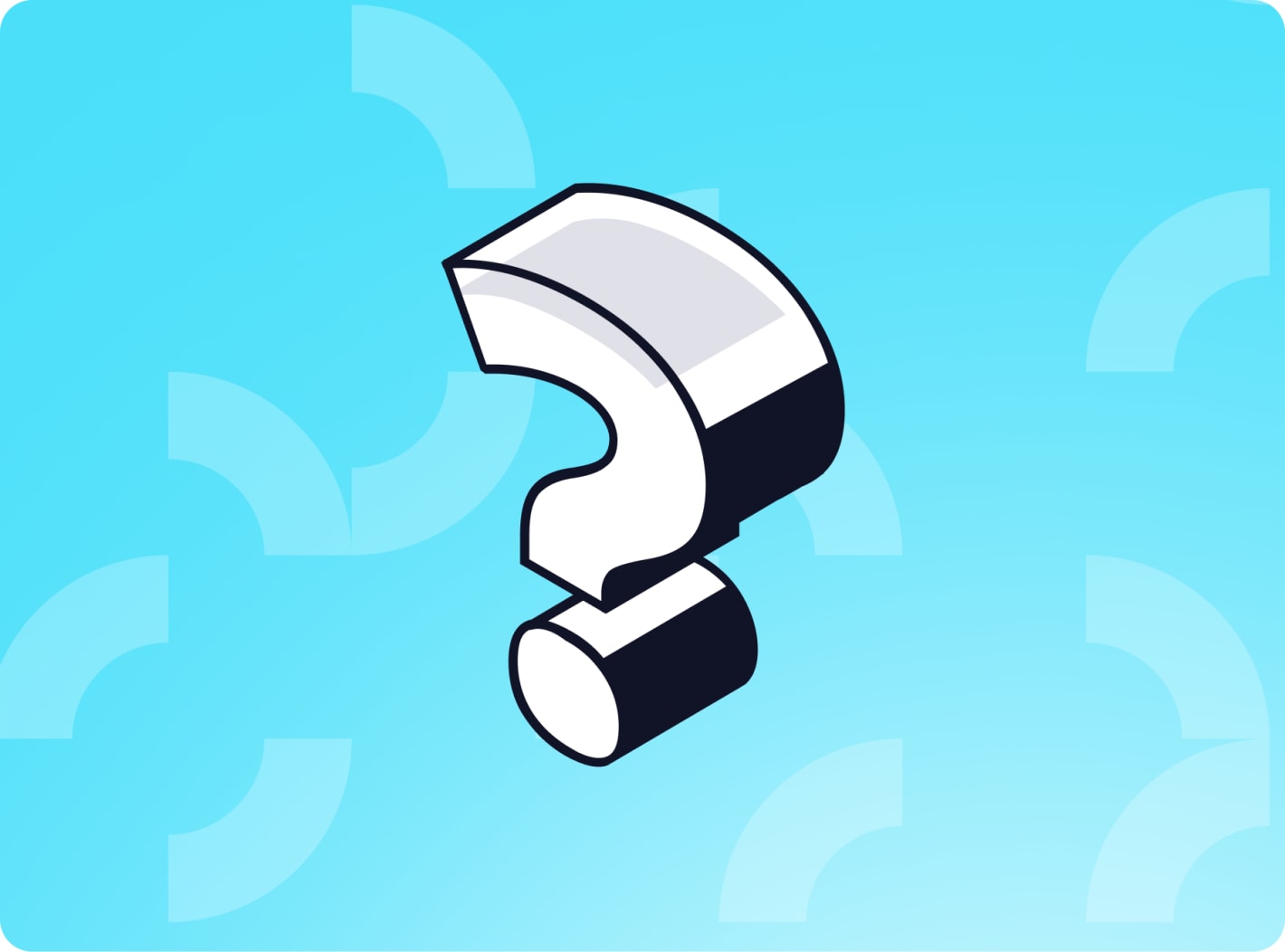3D isometric white and black question mark on a cyan blue background with subtle question mark pattern
