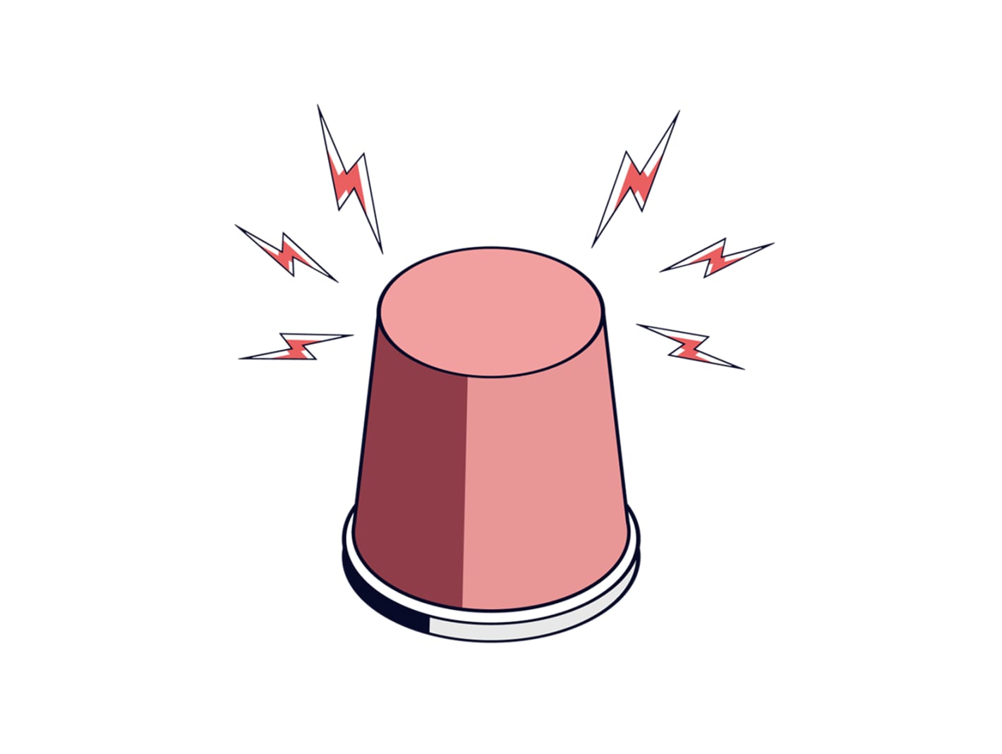 Red emergency alarm siren light with lightning bolt symbols radiating outward, illustrated in isometric style
