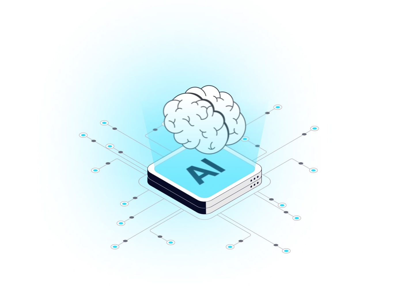 Isometric AI chip with glowing brain icon and circuit connections on white background
