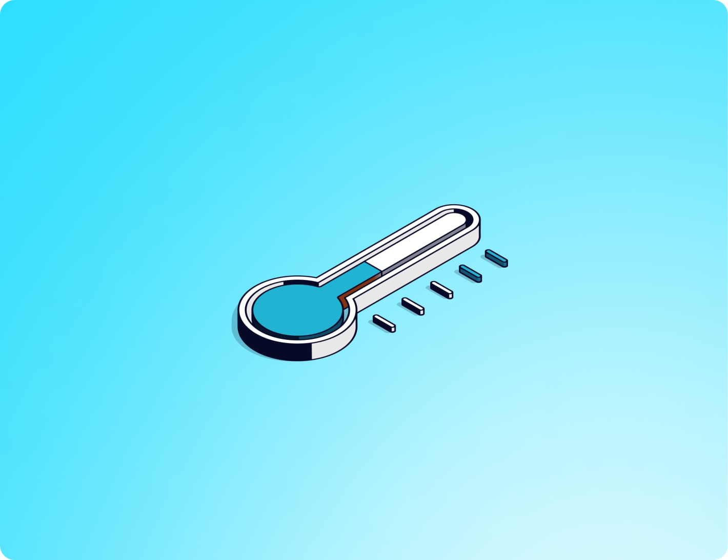Isometric illustration of a blue thermometer with tick marks on a light blue gradient background
