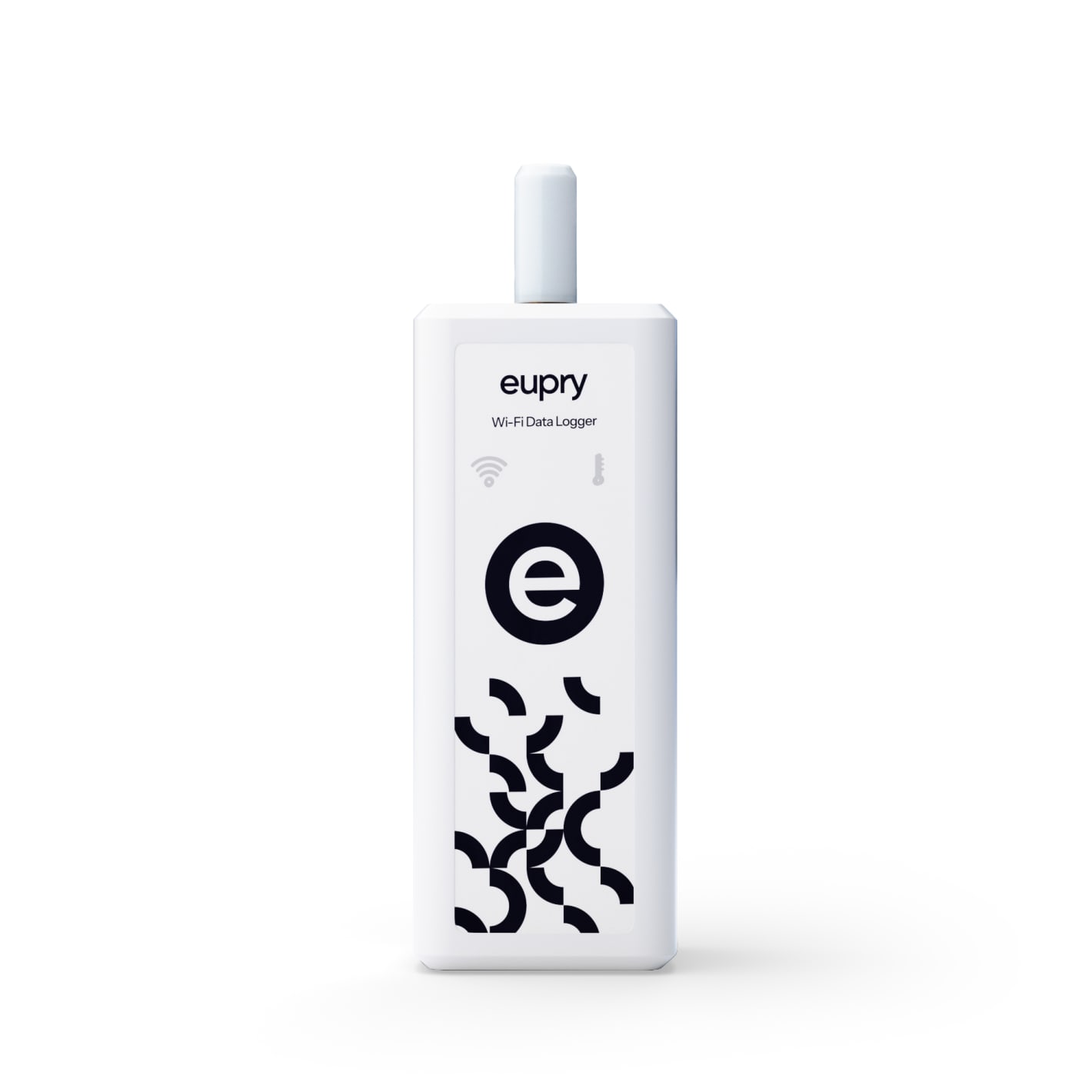 Eupry Wi-Fi data logger device, white rectangular unit with antenna, brand logo, and decorative pattern