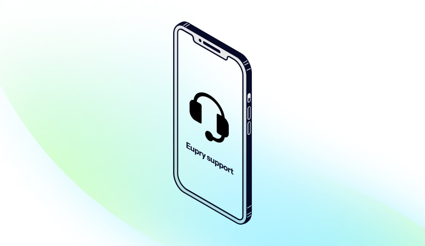 Isometric smartphone displaying a headset icon and Eupry support text on a light gradient background