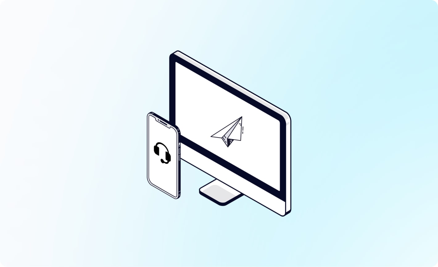 Isometric illustration of a desktop monitor displaying a paper airplane icon beside a smartphone showing a headset icon