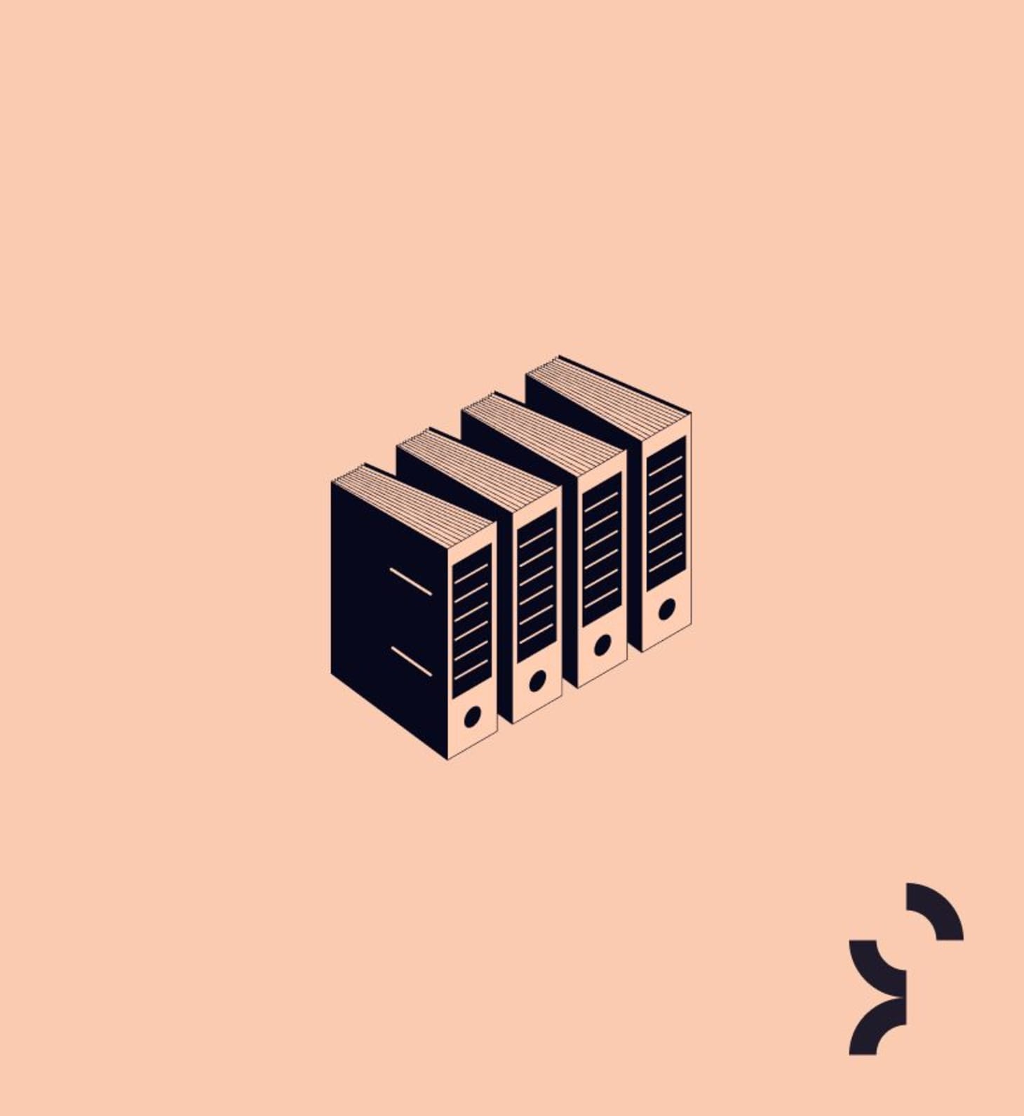 Isometric illustration of four dark navy ring binder folders standing upright in a row on a peach background.