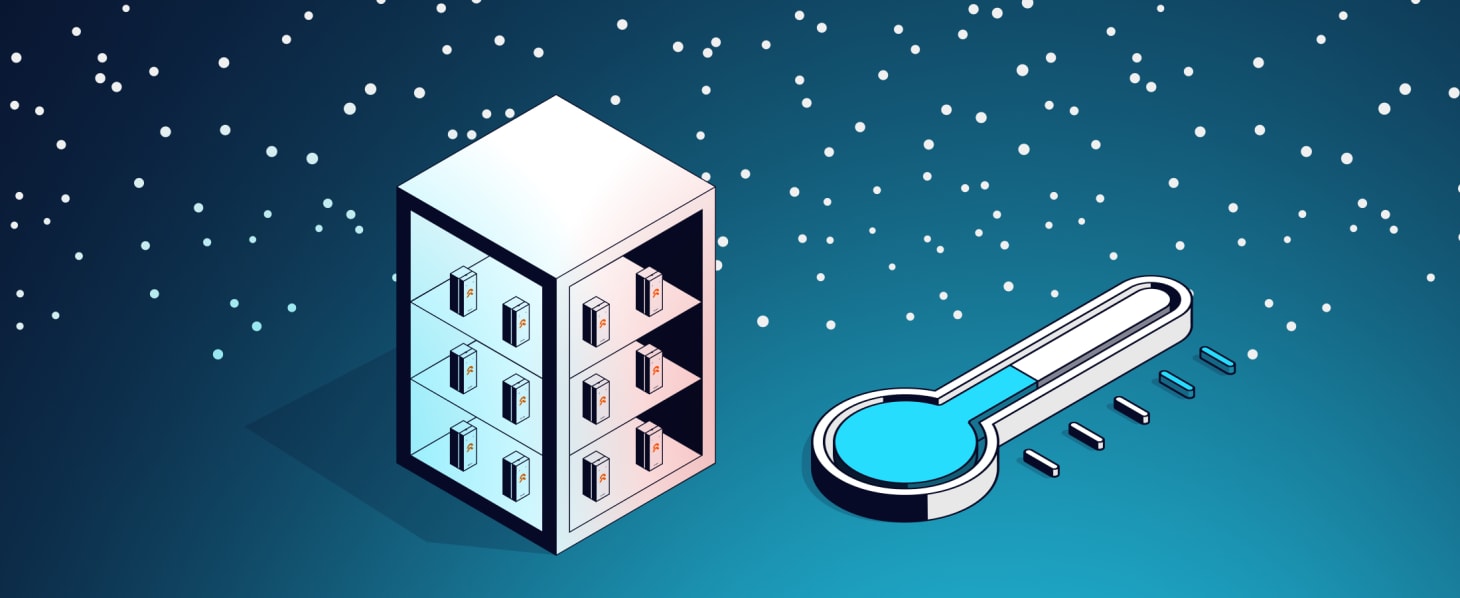 Isometric data center servers next to a blue thermometer showing cold temperature on a dark blue background with white dots